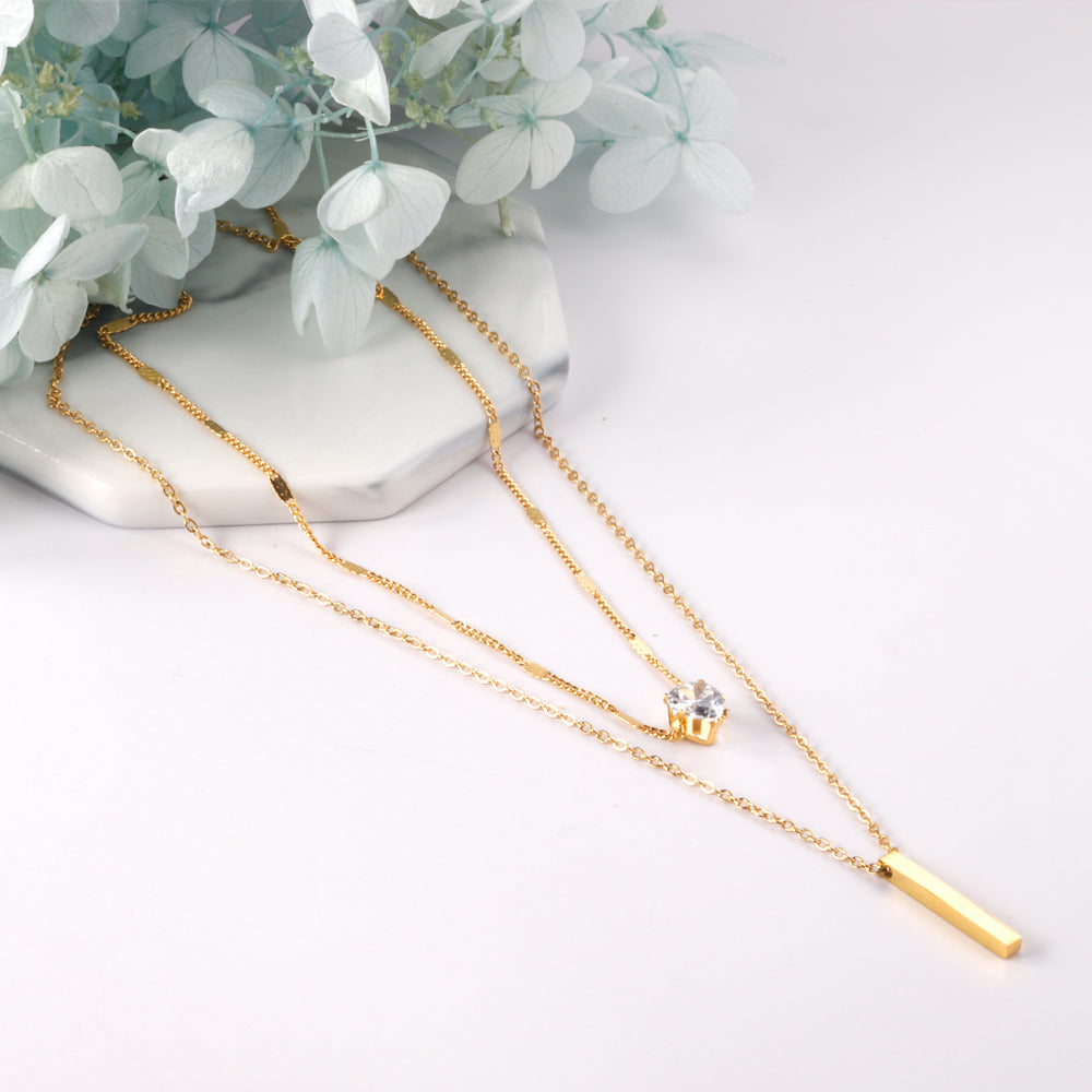 Double Chain CZ and Bar Necklace