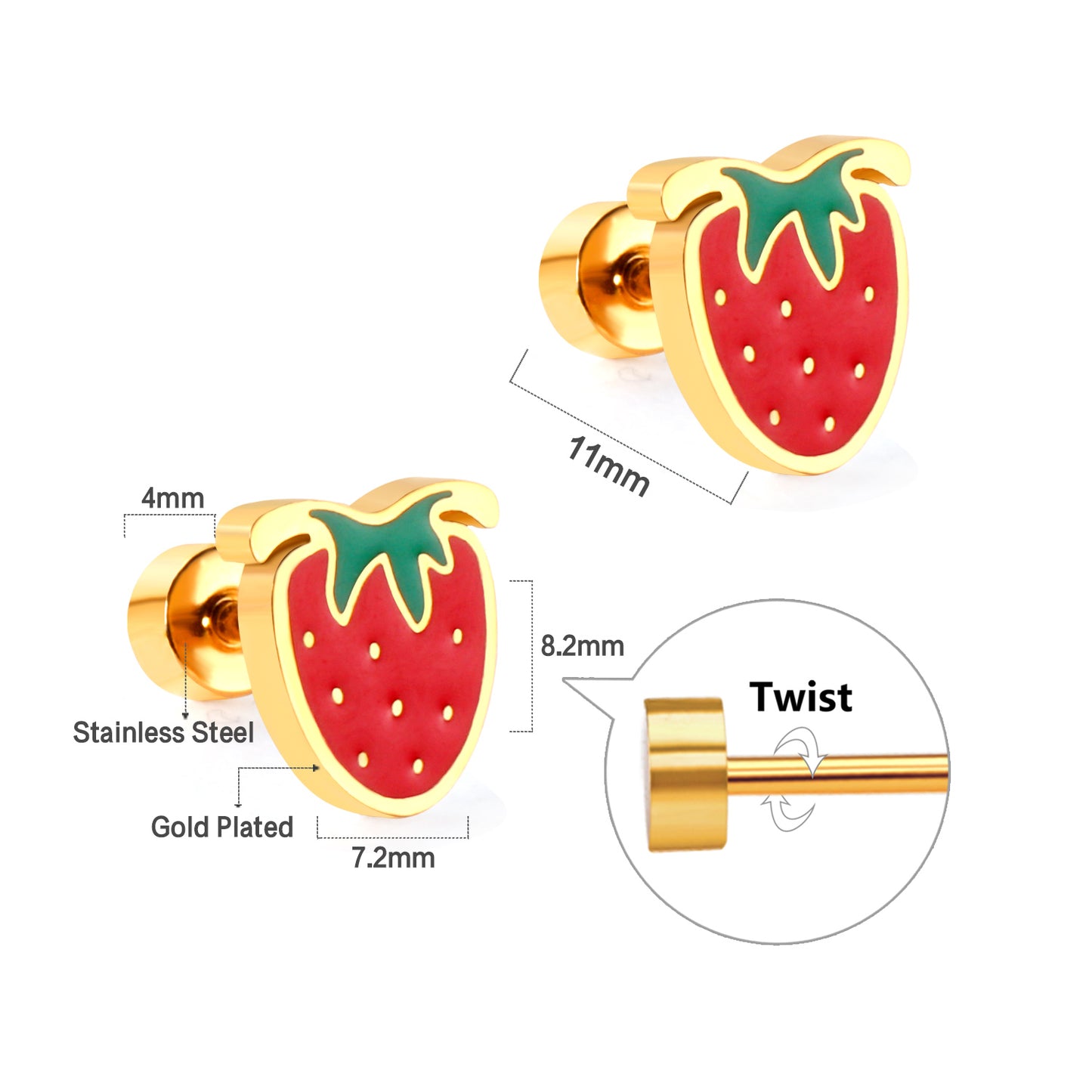 Kids Strawberry Screw Back Studs