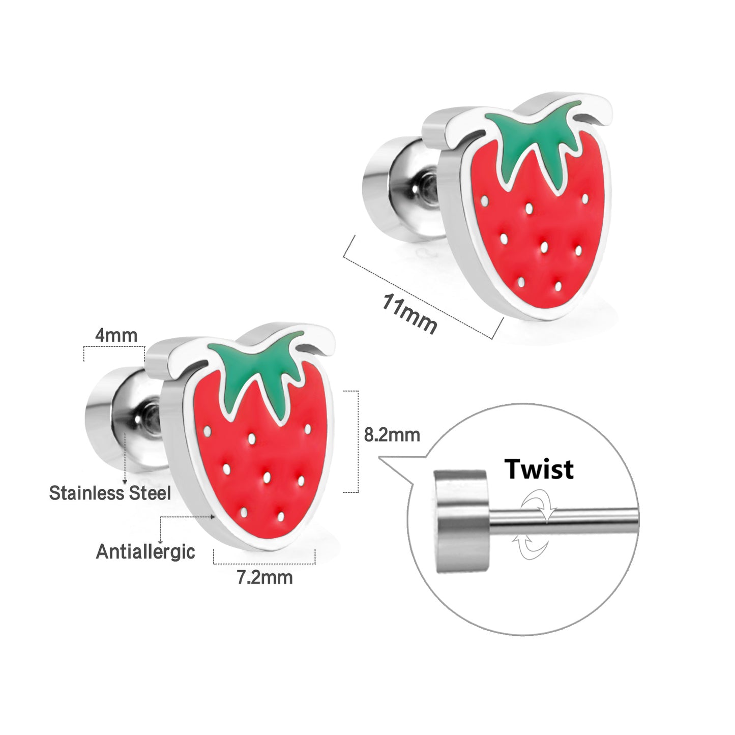 Kids Strawberry Screw Back Studs