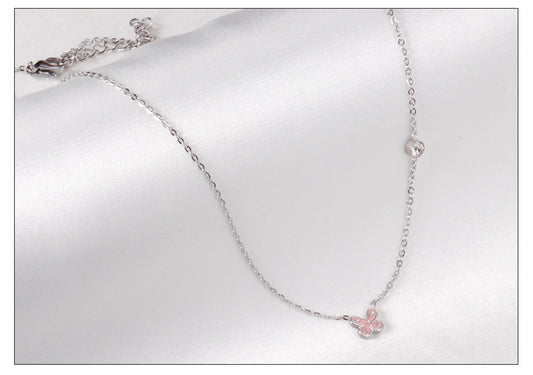 Pink Butterfly Pendant Necklace with Crystal Accent